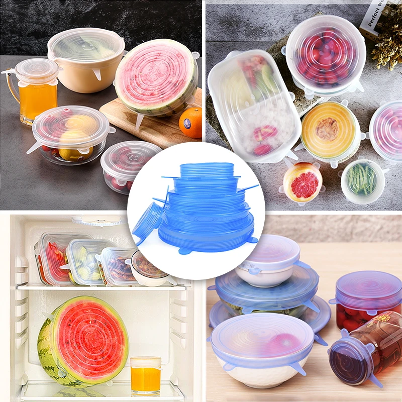 

6pcs Silicone Food Lids Reusable Use Foldable Fruit and Vegetable Transparent Preservation Lid Kitchen Gadgets