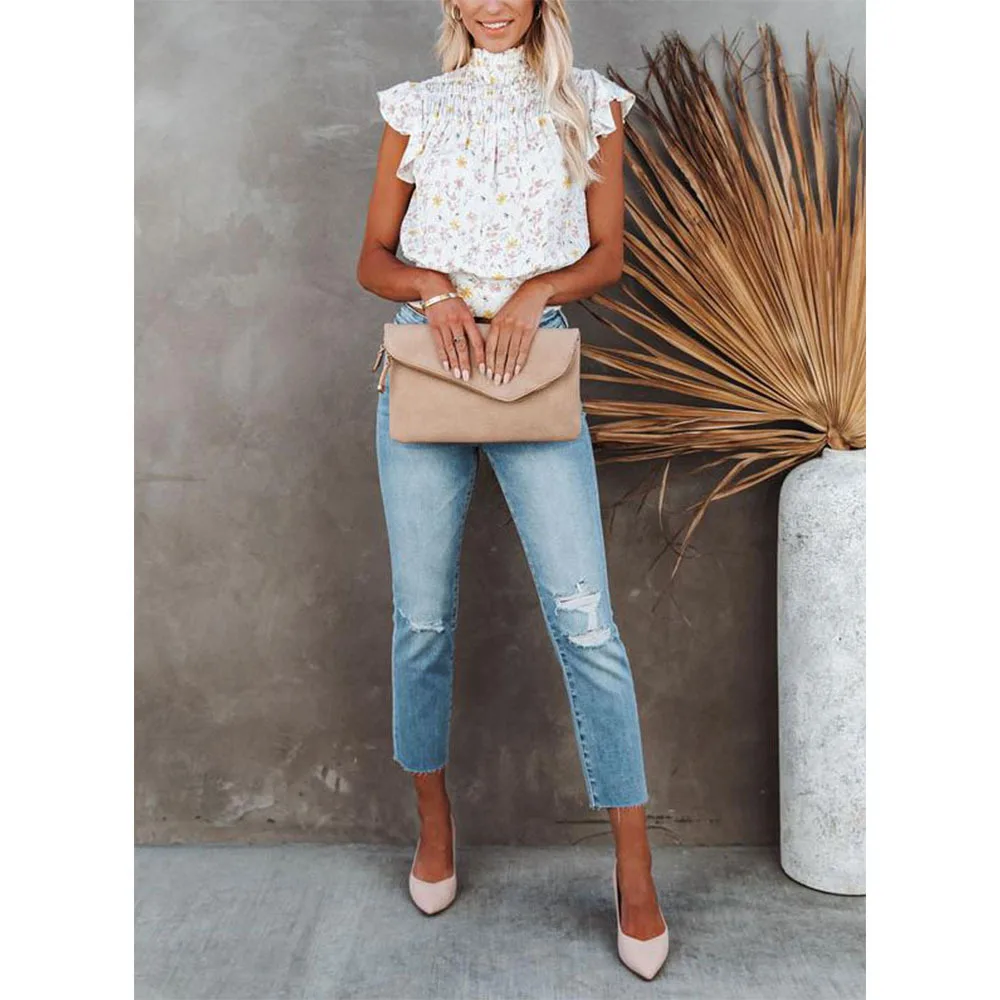 

WEPBEL T-shirt Summer Fashion Short Sleeve Turtleneck Loose-Fitting T-shirt Top Women's Casual Floral Print Pleated T-shirt