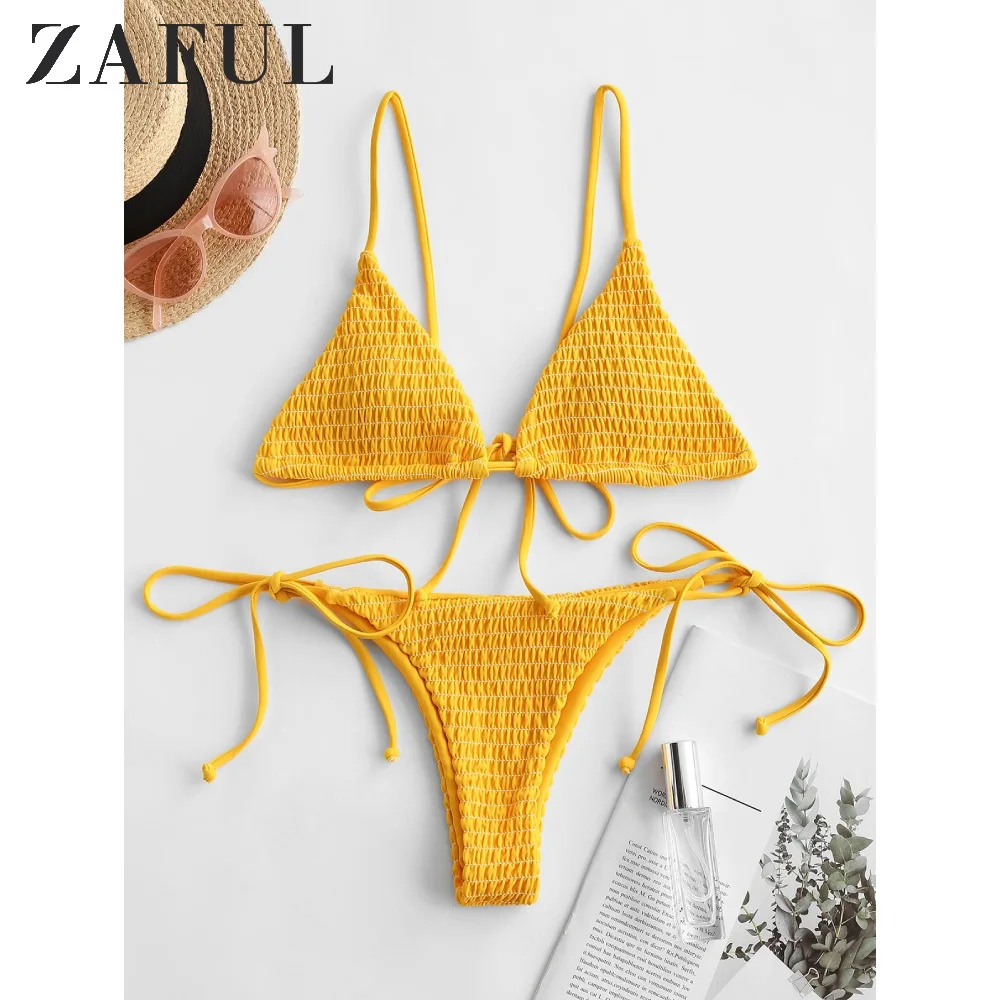 Женский купальник бикини ZAFUL Bee желтая рубашка с завязками сбоку на тонких