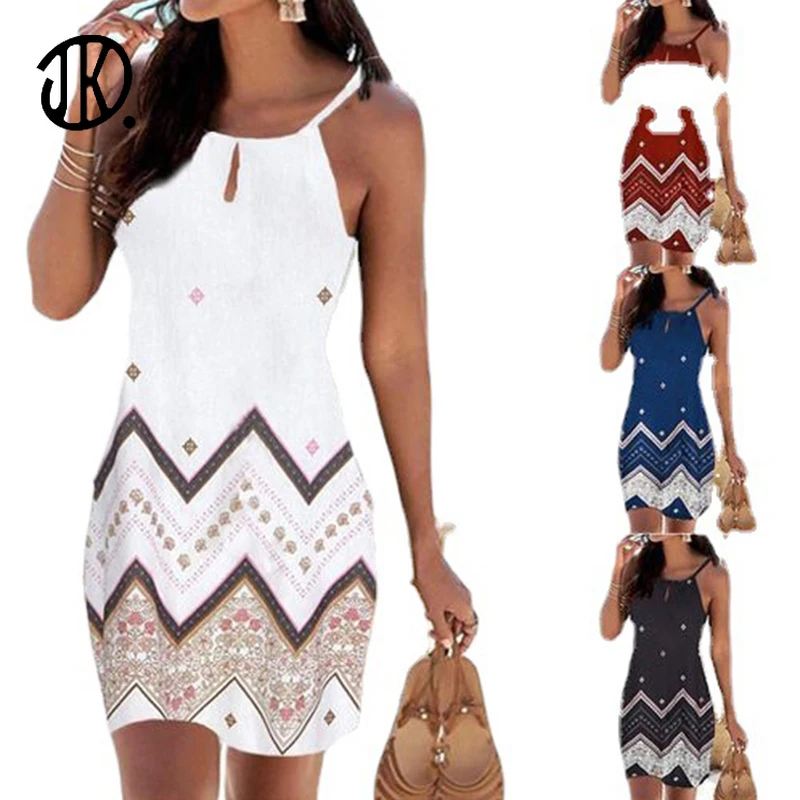 

Female Spring Dresses Summer Round Neck Sling Dress For Women Printed Vintage Vestidos Ladies Clothing Mini A-Line Beach Dresses