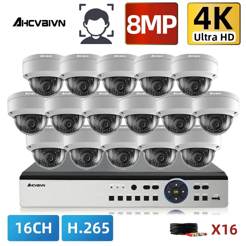 

Система видеонаблюдения H.265, купольная Антивандальная камера безопасности, 16 каналов, 8/16 комнатных камер, 8 Мп, AHD