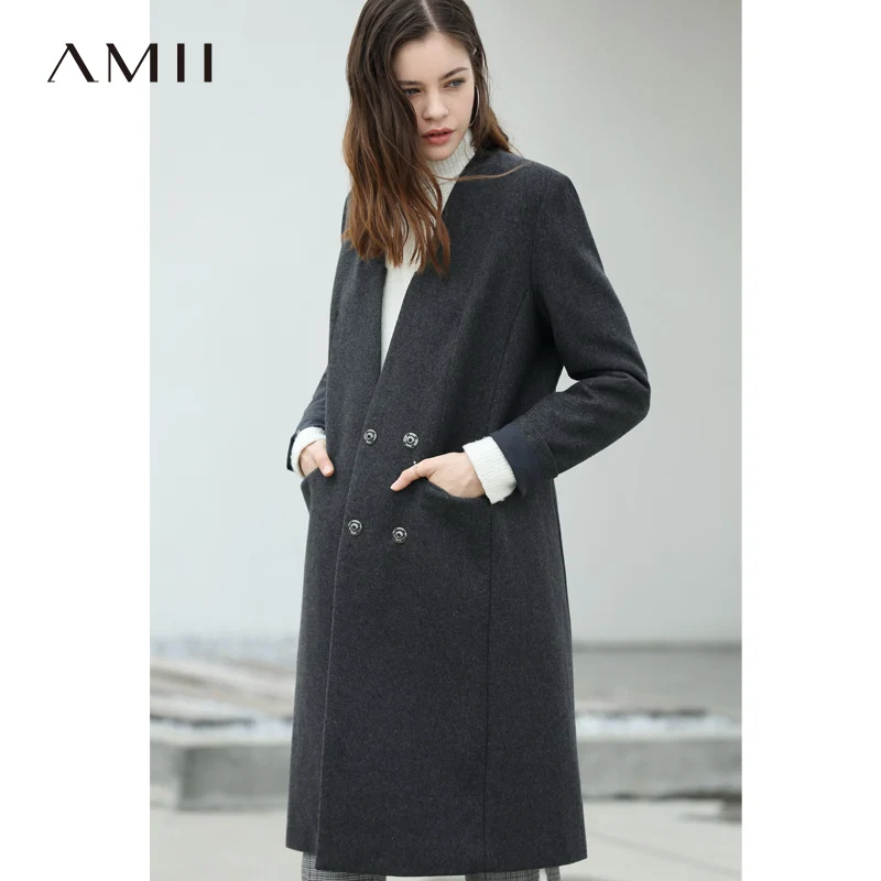 Женское шерстяное пальто Amii длинное повседневное двубортное с треугольным