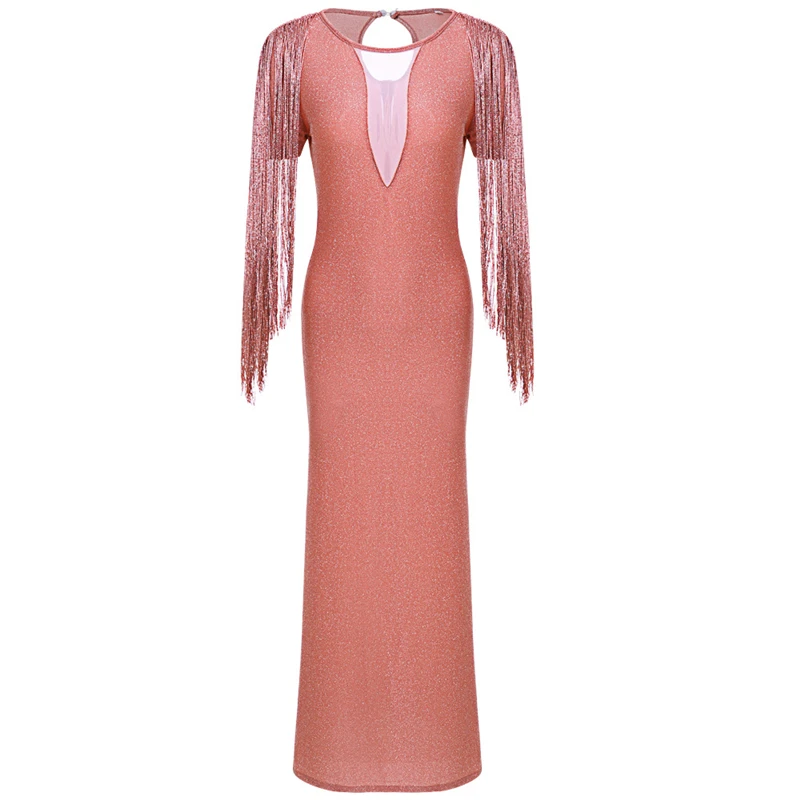 New Style Women Dress Sexy Deep V-neck Glitter Dress Rhinestone Long Tassel Vintage Ladies High Waist Split Sparkly Dresses