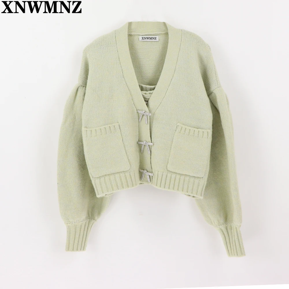 

XNWMNZ Za women vintage Knit cardigan with rhinestone buttons V-neck long sleeve ribbed trims female outerwear fashion chic tops