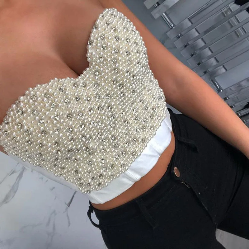 

2020 Handmade Pearl Crop Top Women Summer Corset Wedding Party Women's Bra Cropped Top Vest