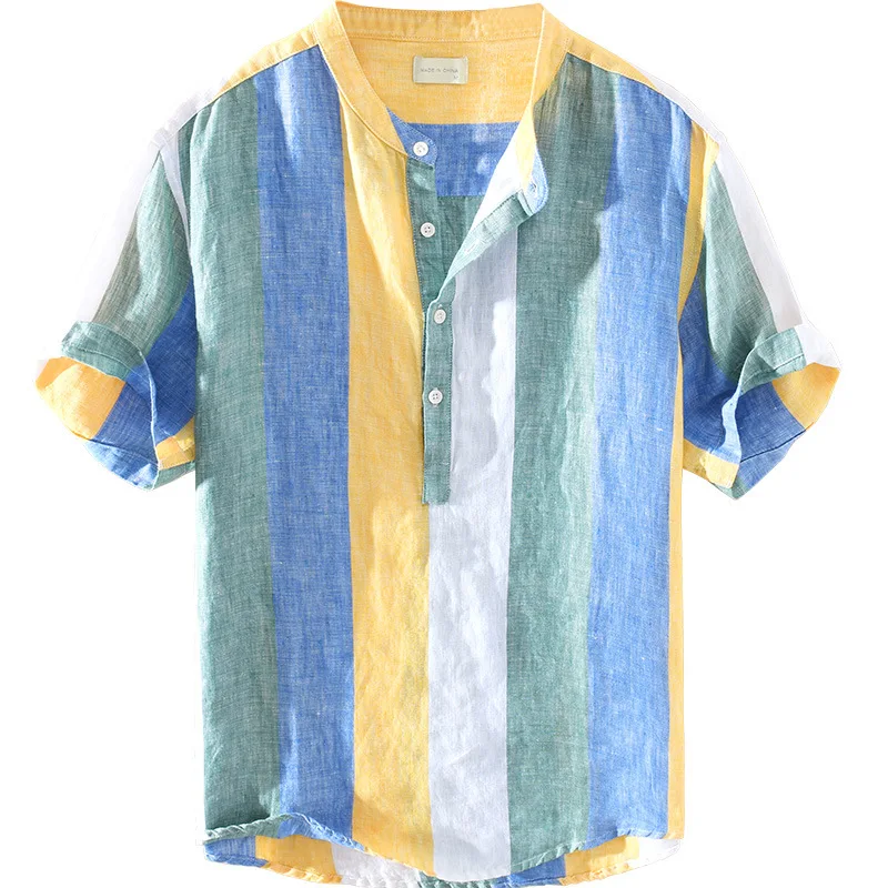 

New Arrival Fashion Dyed Stripe Pullover Short Sleeve Linen Men Cotton Casual Shirts Mandarin Collar Size M L XL 2XL 3XL
