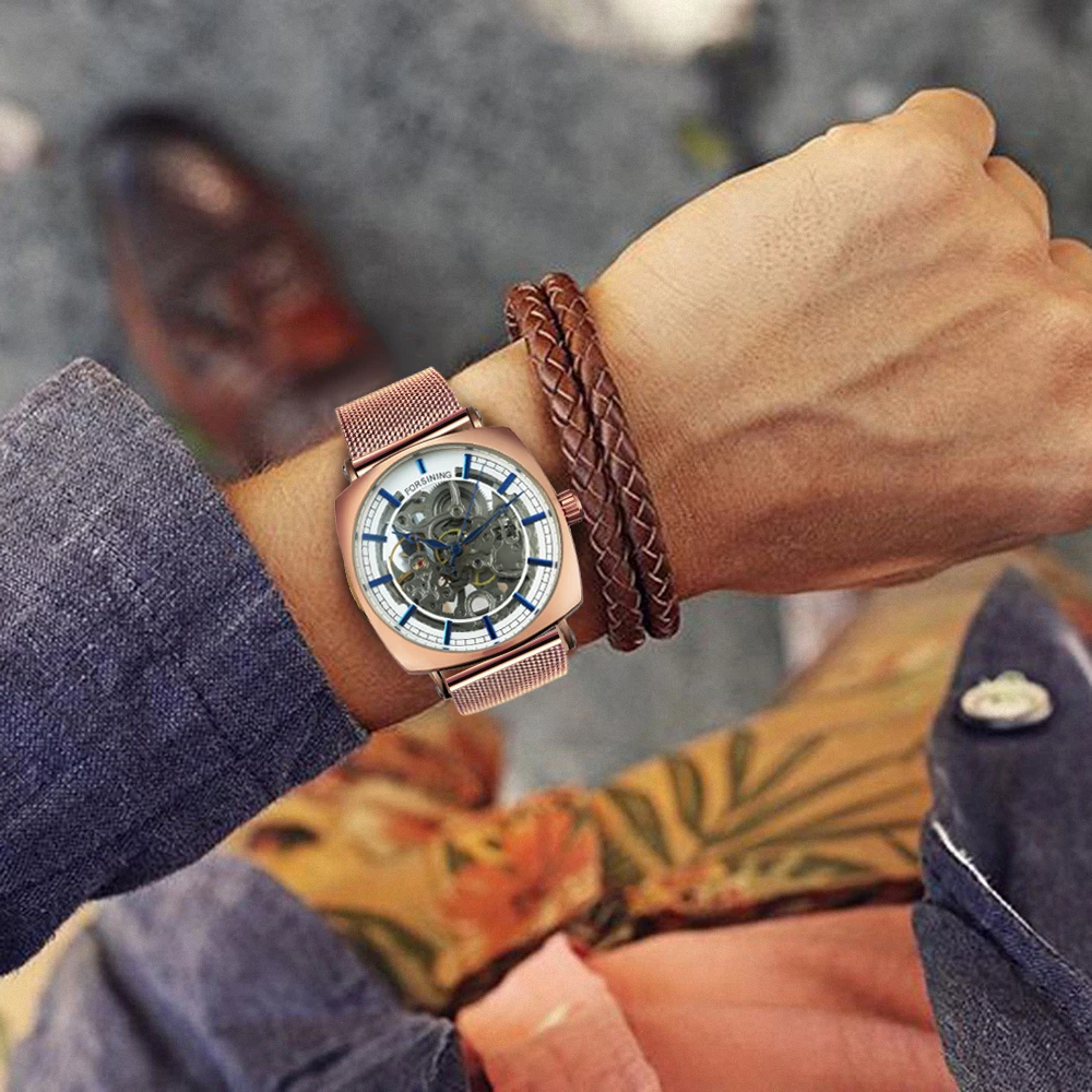 FORSINING Top Brand Luxury Automatic Watch Men Skeleton Mechanical Watches Fashion Rose-Gold Square Wristwatches Men's Gift Xmas |