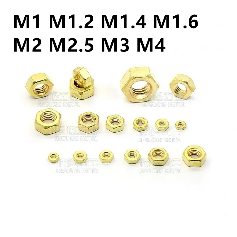 Латунная Шестигранная гайка M1 M1.2 M1.4 M1.6 M2 M2.5 M3 M4, 300 шт./лот GB6170 DIN934, латунные гайки, ярко очищенные
