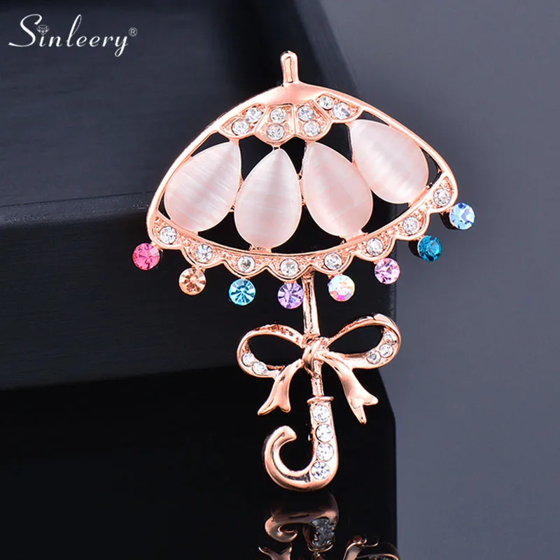 

SINLEERY Design Pink Pin Opal Umbrella bow Brooch Rose Gold Color Tiny Cubic Zirconia Brooch For Women Jewelry ZD1 SSB