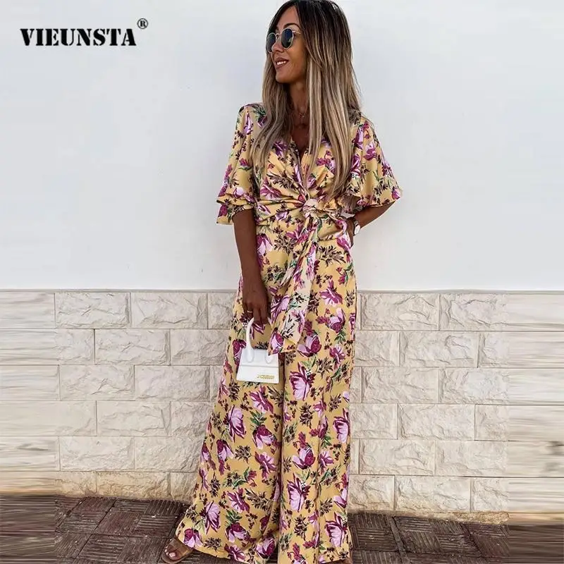 

Autumn New Elegant Chic Floral Print Women 2 Piece Set Retro Puff Sleeve Loose Tops + Fashion V-Neck Lady Lace-Up Wide Leg Suits