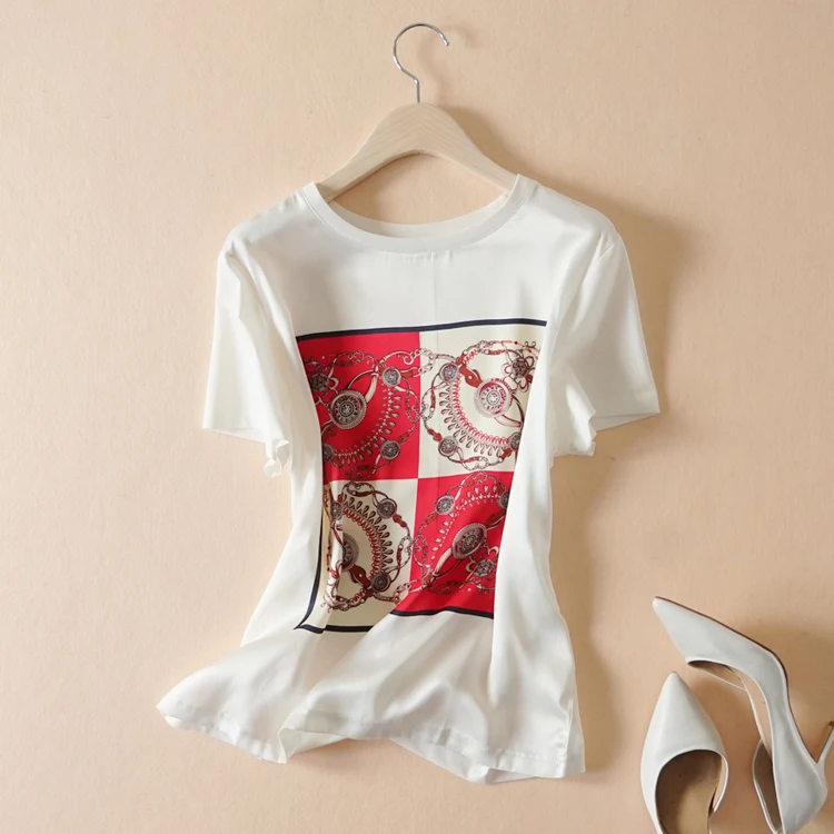 

New mercerized cotton silk blouse fashionable western style digital printing easing round collar short sleeve T shirt girl