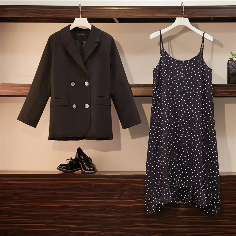 New Spring Autumn Plus Size Dress Suits Women Loose Dots Ruffles Sling Double Bressted Blazer Coat Solid jacket dress M794 | Женская