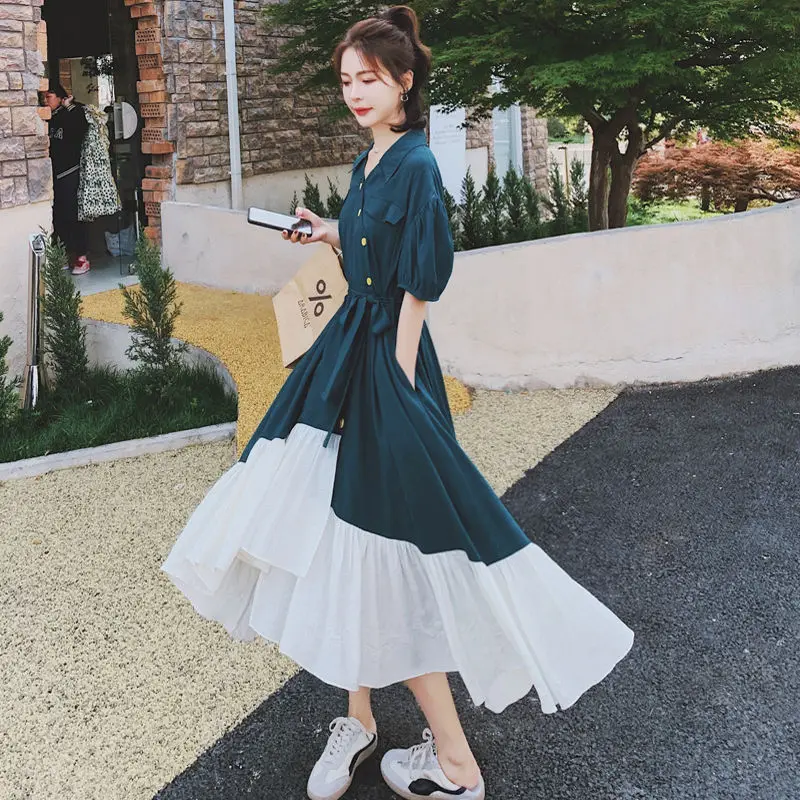 

Female Niche Design Lace Stitching Dress 2021Summer Women New Temperament Is Thin And Irregular Ruffled A-line Long Skirt A255