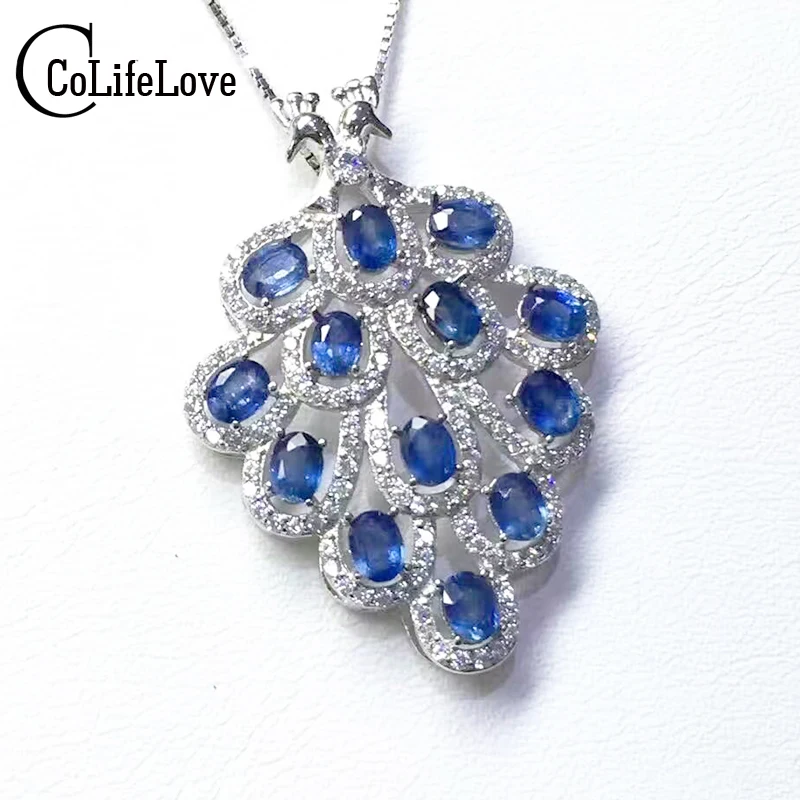

Elegant Peacock Tail Pendant 13pcs 3*4mm Natural Sapphire Pendant Solid 925 Silver Sapphire Necklace Pendant Romantic Gift