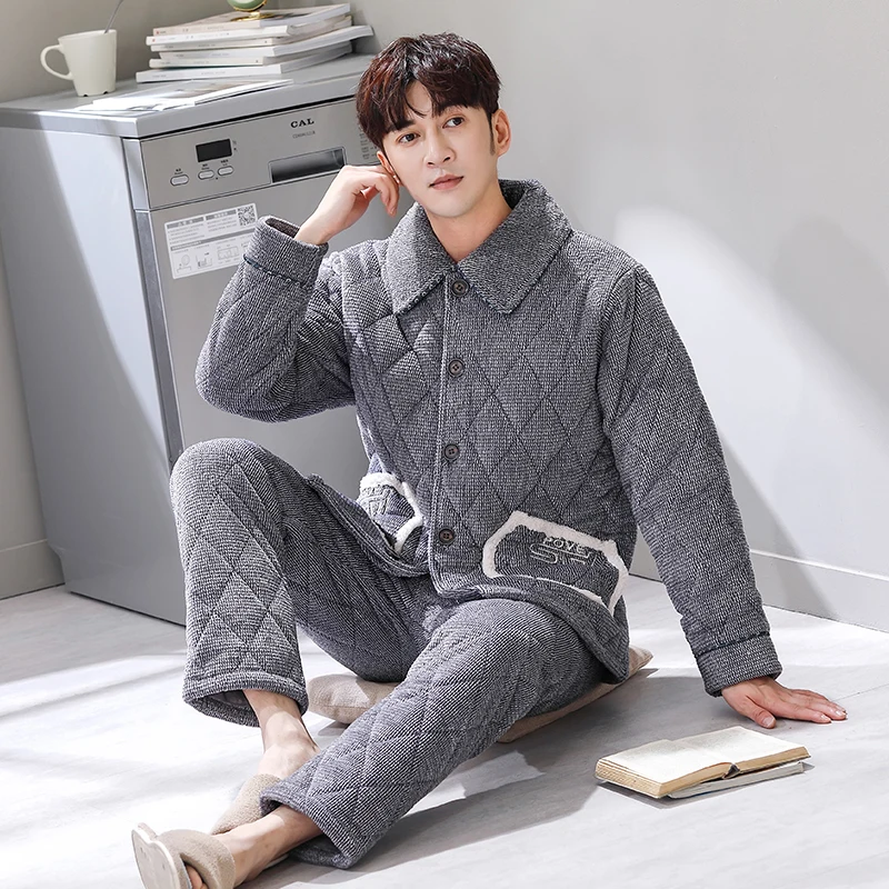 Winter Thick Quilted Men Letter Pajamas Sets of Sleep Tops & Bottoms Male Flannel Keep Warm Sleepwear Thermal Home Clothing