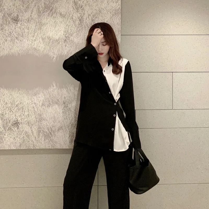 

Spring Autumn Women Korean Fashion Chic Shirt Black White Long Sleeve Loose Waisted Long Blouse Top Spliced Design Retro Shirts