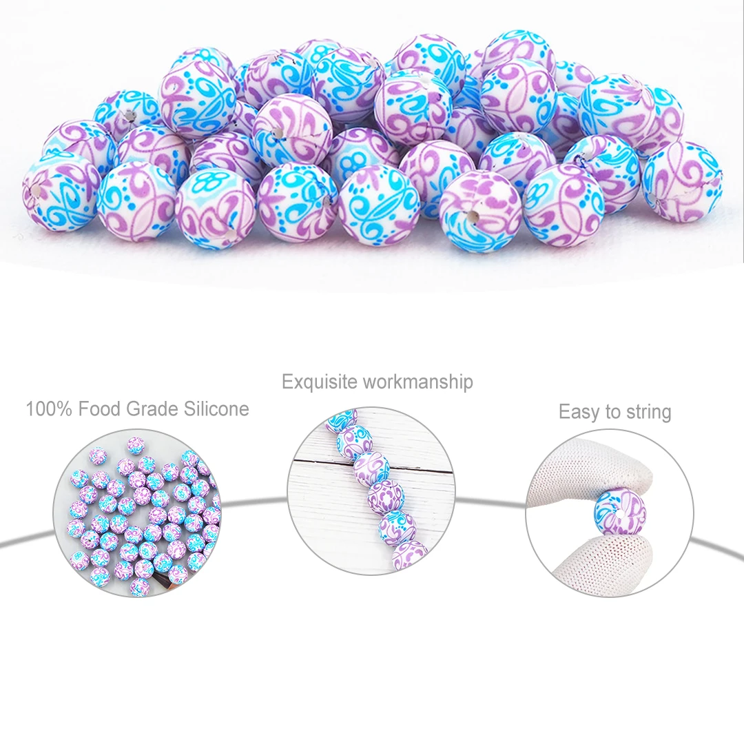 Chenkai-Cuentas de silicona con estampado de Navidad para beb&eacute;, abalorios redondos para dentici&oacute;n, sin BPA, accesorios de juguete de masticaci&oacute;n sensorial, 15MM, 100 Uds.-3