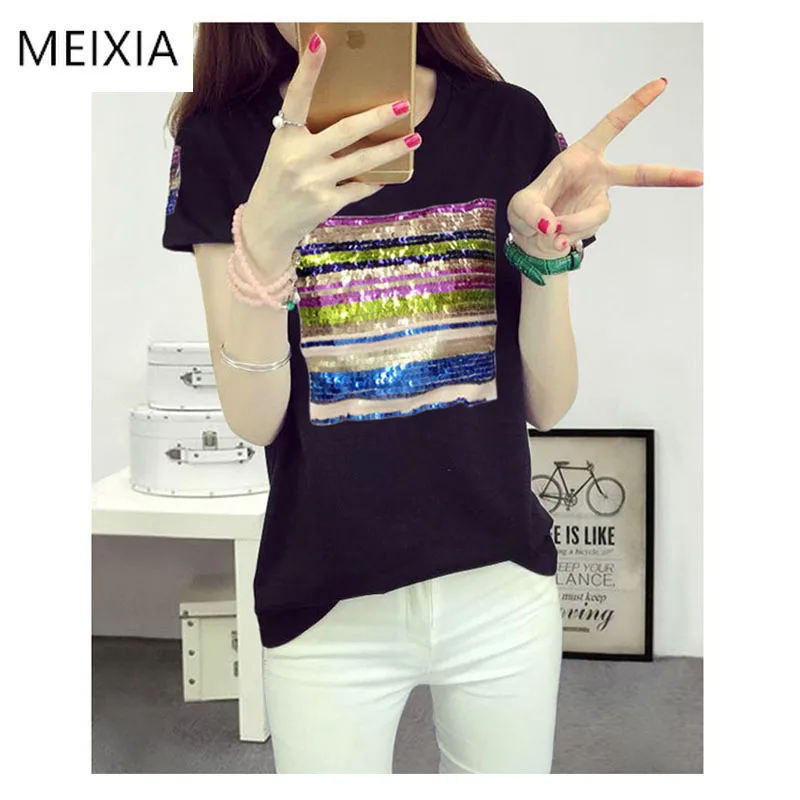 

Summer new white sequins short-sleeved T-shirt women's Korean version of the T-shirt Slim sequins tops was thin Tees tide