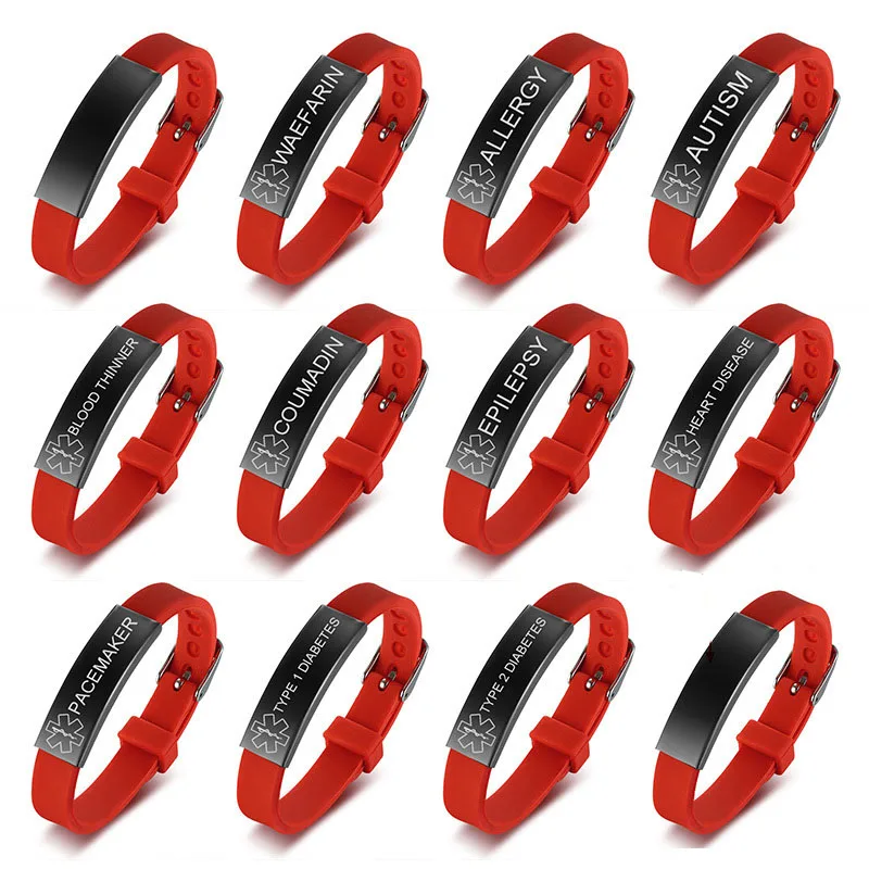 

Engraved Stainless Steel Silicone Medical Alert ID Bracelet TYPE 2 DIABETES Disease SOS Bracelets Red Wristband For Men Women