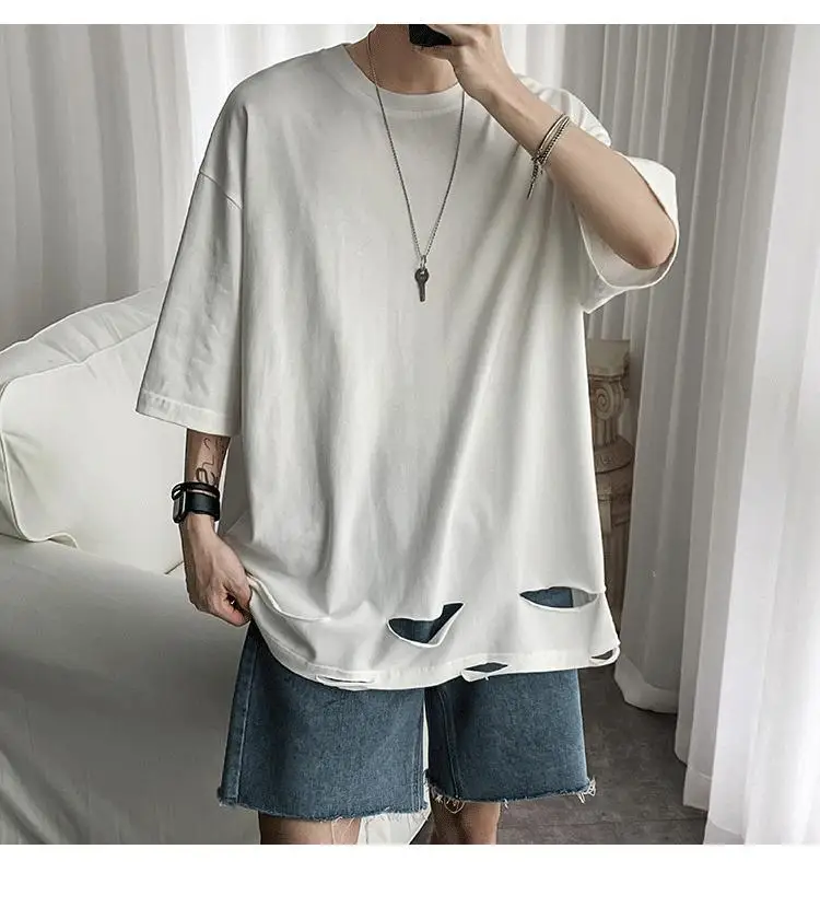 

Short Sleeve T-shirt Men's Loose Half Sleeve T-shirt Personality Fashion Holes Versatile