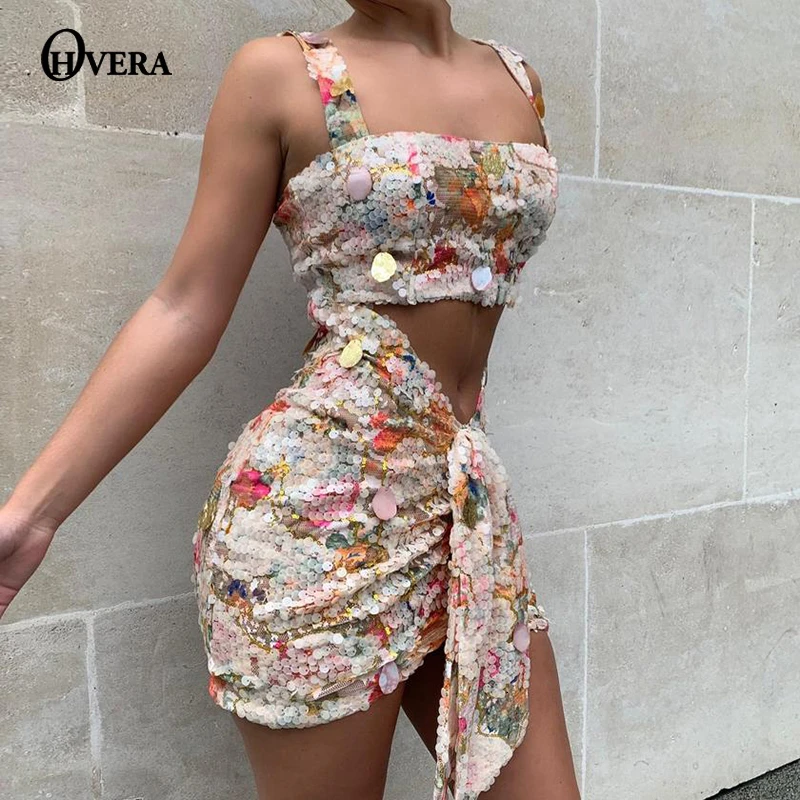 Ohvera, сексуальные вечерние комплекты из двух предметов с блестками, укороченный топ с открытой спиной и мини-юбки, Женский комплект 2 шт.,, летняя одежда
