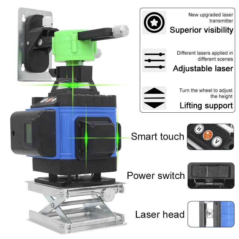 3D 16 Lines Laser Level Self-leveling Green Vertical Horizontal Line with Metal Lifting Platform Bracket Battery | Инструменты