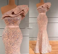 candy pink sequined mermaid evening dress 2022 women one shoulder prom formal gown arbic vestidos robe de soiree