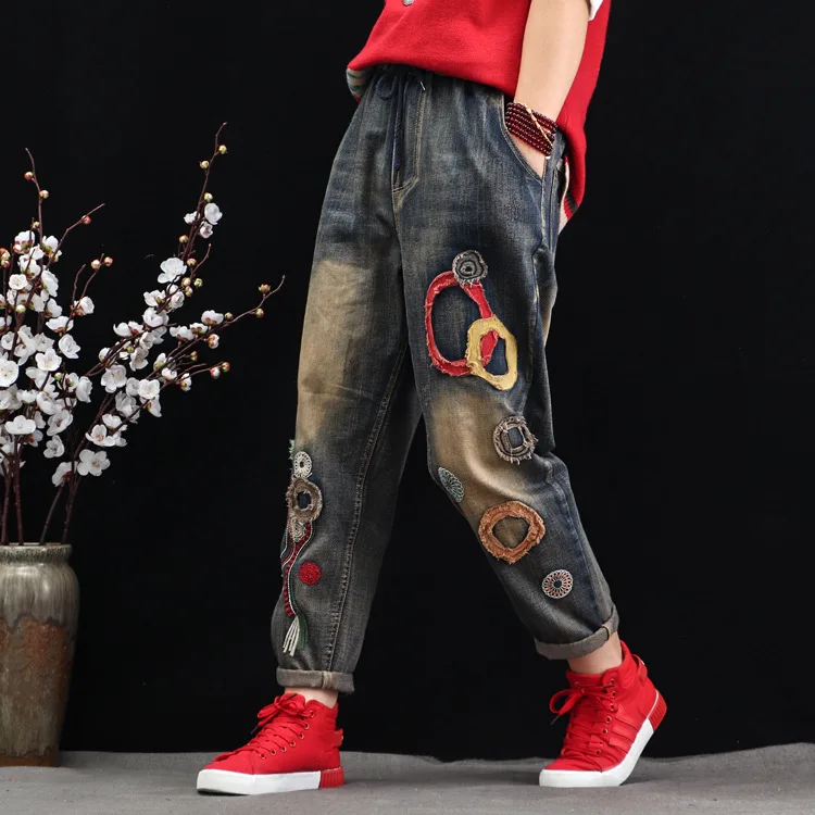 Оригинальные 2020 осенние новые ретро штаны-шаровары с вышивкой свободные женские