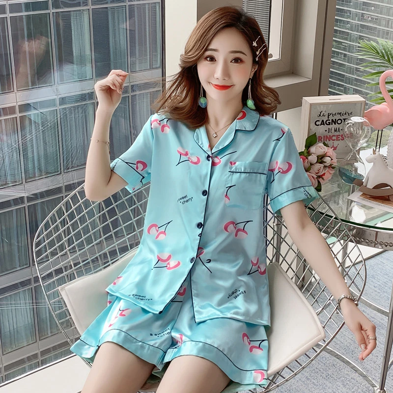 

2021 Summer Short Sleeve Silk Pajamas Set Fashion love printing Two Pieces Set Women Sleepwear Soft Nightwear Woman Sleeping Set