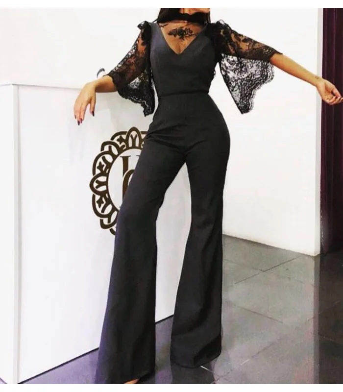 

European and American New Women's Overall Hot-Selling Sexy V-neck Lace Half-Sleeve Shirt Jumpsuit
