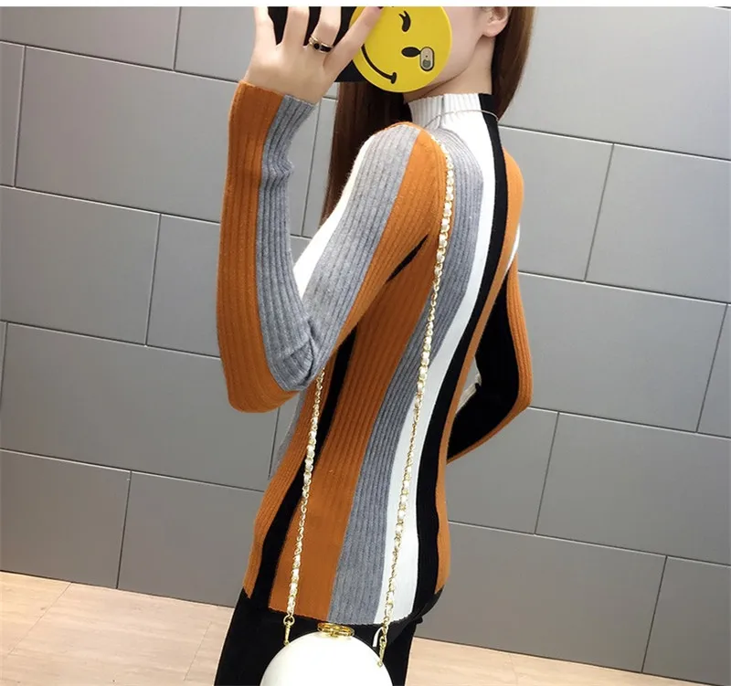 

Female Sweater 2019 New Autumn Winter Half Turtleneck Striped Slim Body Elasticity Short Knit Pullover Women Bottom Sweater