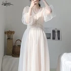 Платье женское кружевное на пуговицах, однотонное ТРАПЕЦИЕВИДНОЕ с пышными рукавами и V-образным вырезом, сетчатая модель 2020 50, весна 8126