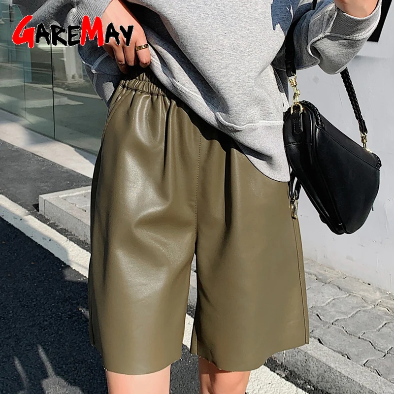 

Korean Black Leather Knee-length Shorts for Women with Pockets High Waist Loose Wide Leg Long Women's Shorts Faux Pu Leather
