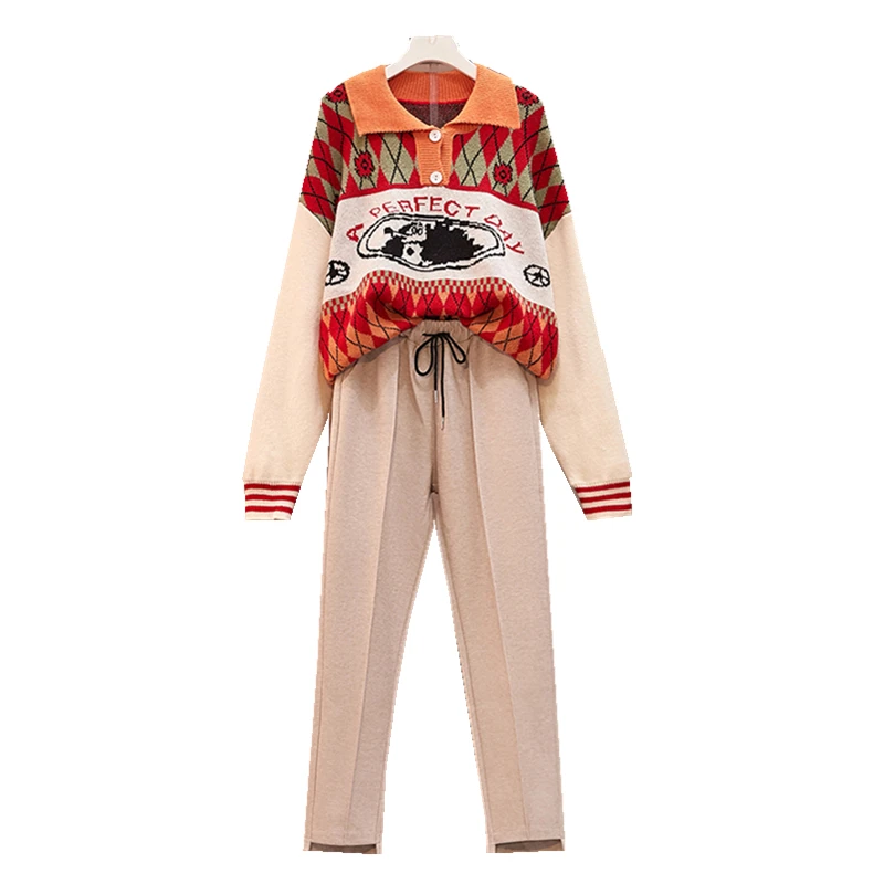 

Large Size Ladies' New Winter POLO Neck Loose Pullover Sweater & Harlan Pants Women Knitted Suit Knitwear Outfit Fashion Set