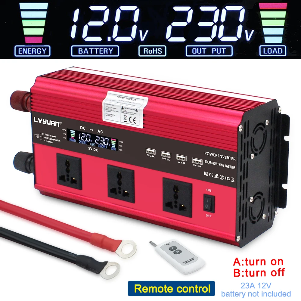 

6000W LCD Display Inverter DC 12V/24V to AC 220V Solar Power Converter Modified Sine Wave Remote Control Universal Socket