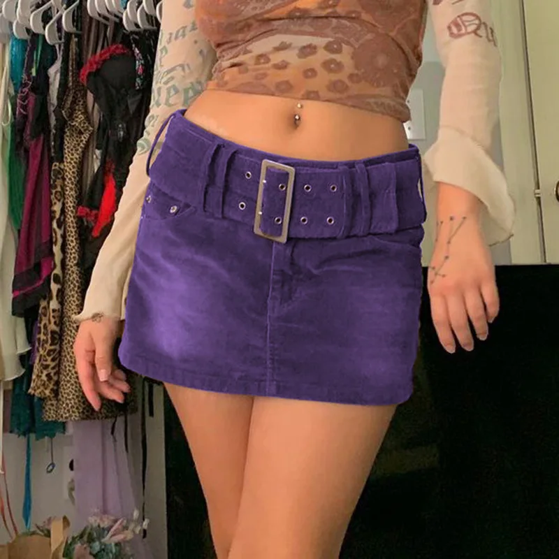 

Y2K Vintage with Belt A-line Brown Skirts Fall 90s Fashion Short Bottoms 2021 Indie Aesthetics Solid Low Rise Corduroy Skirts