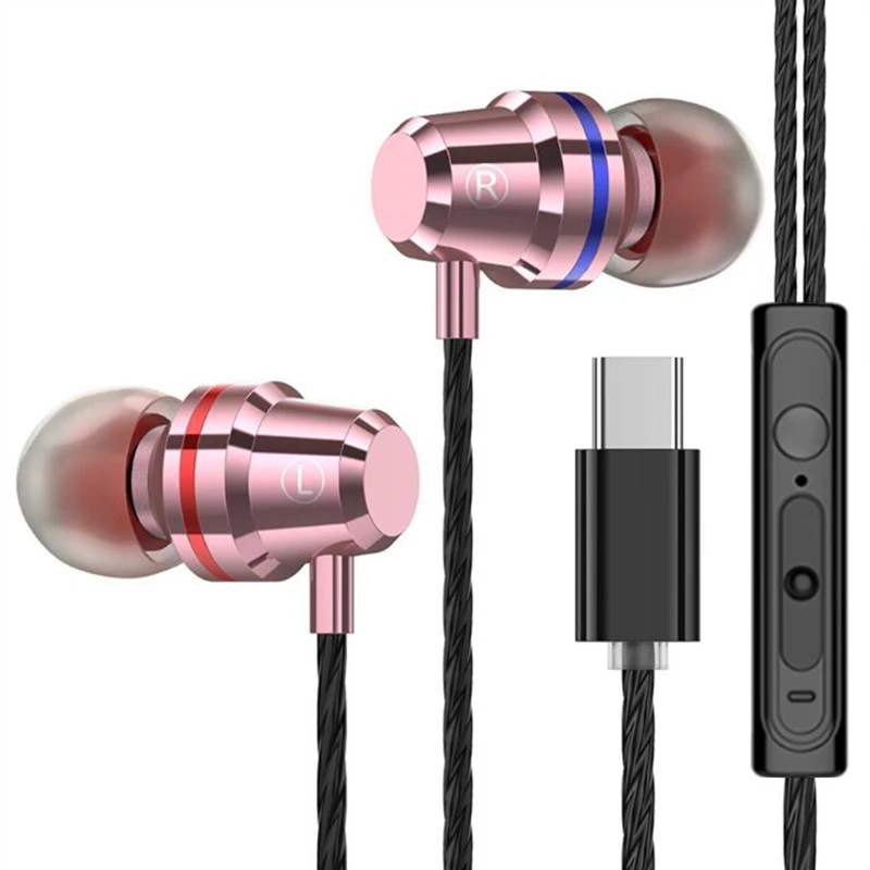 Pink Тип C HiFi USB-C наушники-вкладыши динамический привод музыка наушники Бас Металл для Xiaomi huawei samsung спорт игровая гарнитура с микрофоном - Цвет: Pink