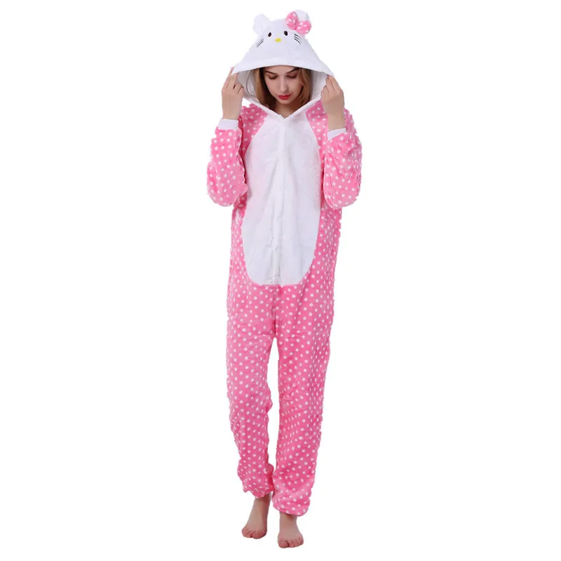 Kigurumi Pajama Bow Cat Adult Animal Cartoon Hooded Onesie Women Men Couple 2019 Winter Pajamas Suit Sleepwear Flannel Pijamas