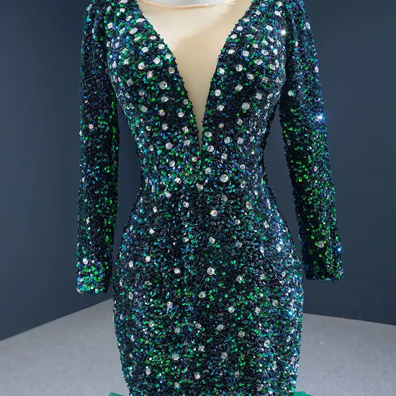 RSM67186 Green V-Neck Metal Sequins Frill Banquet Evening Dress 2021 Tiered Fishtail Backless Lace Up Party Gown