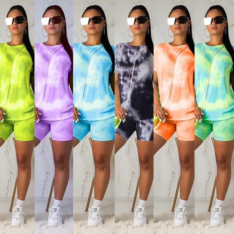 

Women Summer clothes Two piece Outfits set casual Tracksuit Tie-dye Short sleeve T-Shirt biker Shorts Suits sportswear clothing