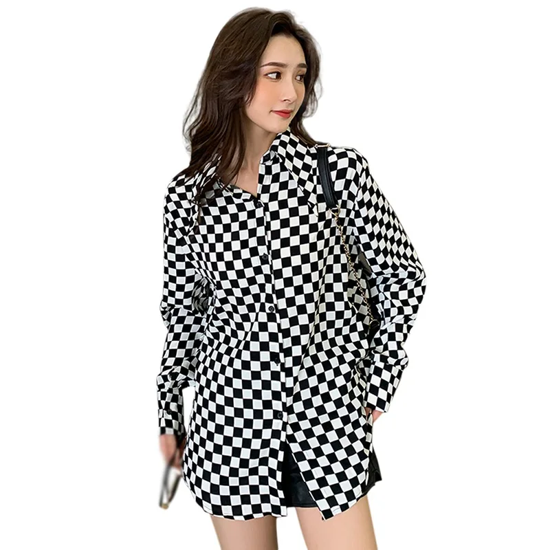 

Autumn Women Black And White Plaid Blouse Retro Loose Lapel Long Sleeve Shirt Sexy Casual Streetwear Woman Blouses