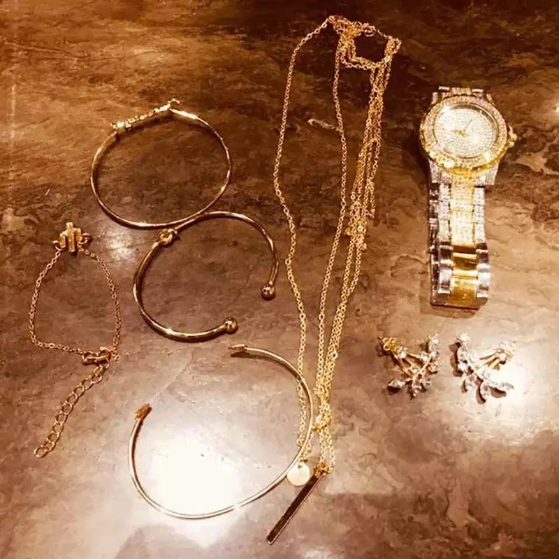 Роскошные часы комплект для женщин со стразами Стразы кварцевые творческие