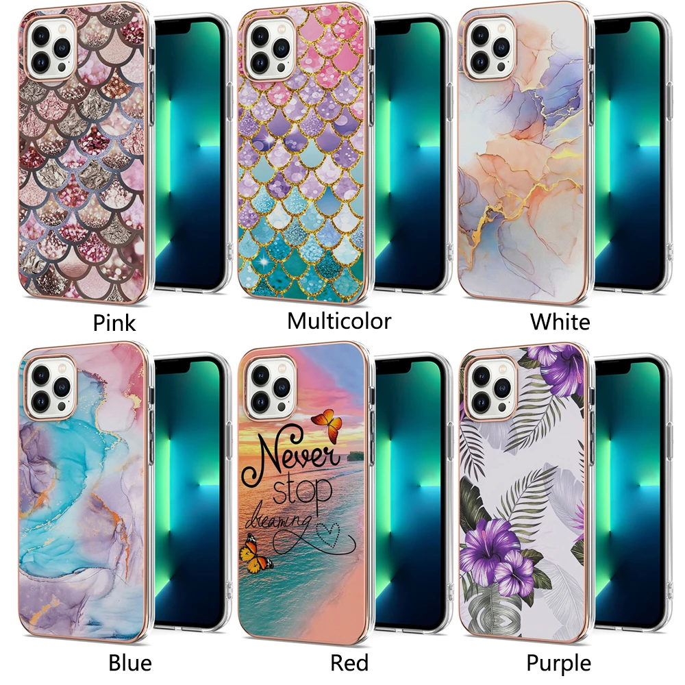 

Marble Fish Scale Pattern Phone Case with Electroplated Frame Cover Shell for iPhone 13 Pro Max 11 12 Mini XR Xs SE 2020 7 8Plus