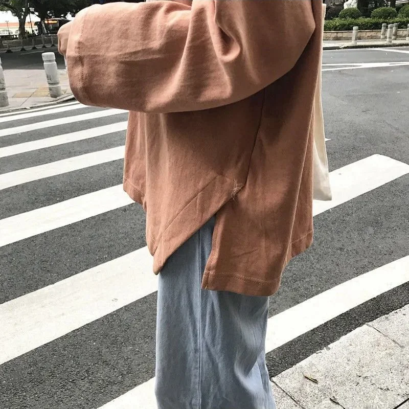

Long Sleeve T-shirts Women Ins Vintage All-match Harajuku Simple Side-slit Design Pure Tees Chic Loose Top O-Neck Casual Clothes