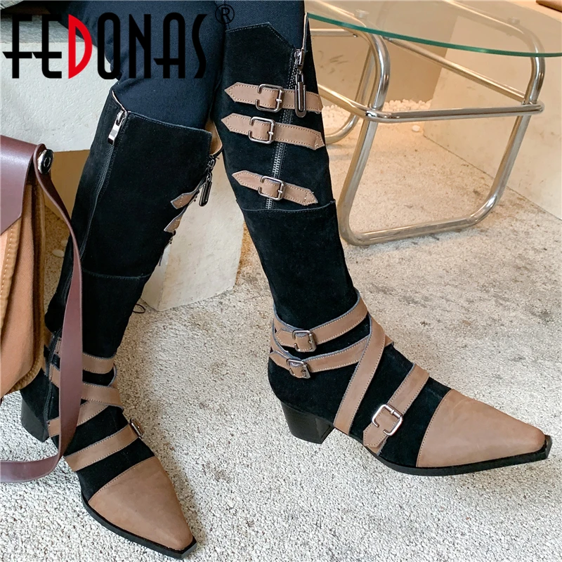 

FEDONAS 2021 Autumn Winter Women Knee-High Boots Genuine Leather Buckle Fashion Popular Neutral Leisure Zipper Long Shoes Woman
