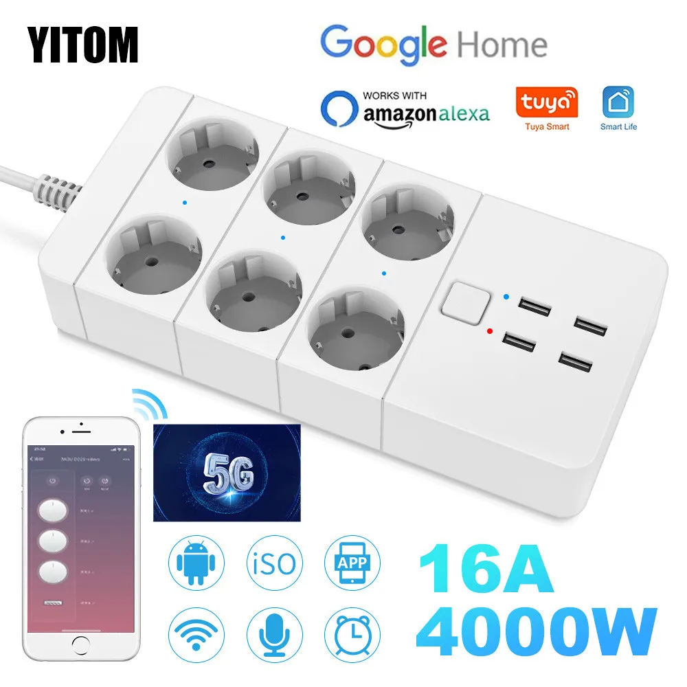 

Smart Wifi Power Strip 3/4/6 EU 4USB Charging Port Timing with 2.4G/5.0G.Bluetooth Control Alexa Google Home Assistant