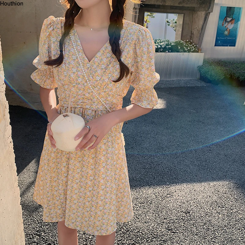 

Houthion Women Dresses Chiffon Dress High Waist Short Sleeve Fashion Casual Print Bohemia Loose Plus Size Dresse V-Neck
