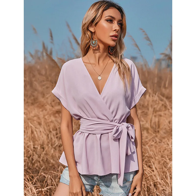 

Short Sleeve Women Shirts Sexy V Neck Solid Ladies Tops Blouses Lace Up Casual Tee Shirts Female Clothes blusas y camisas