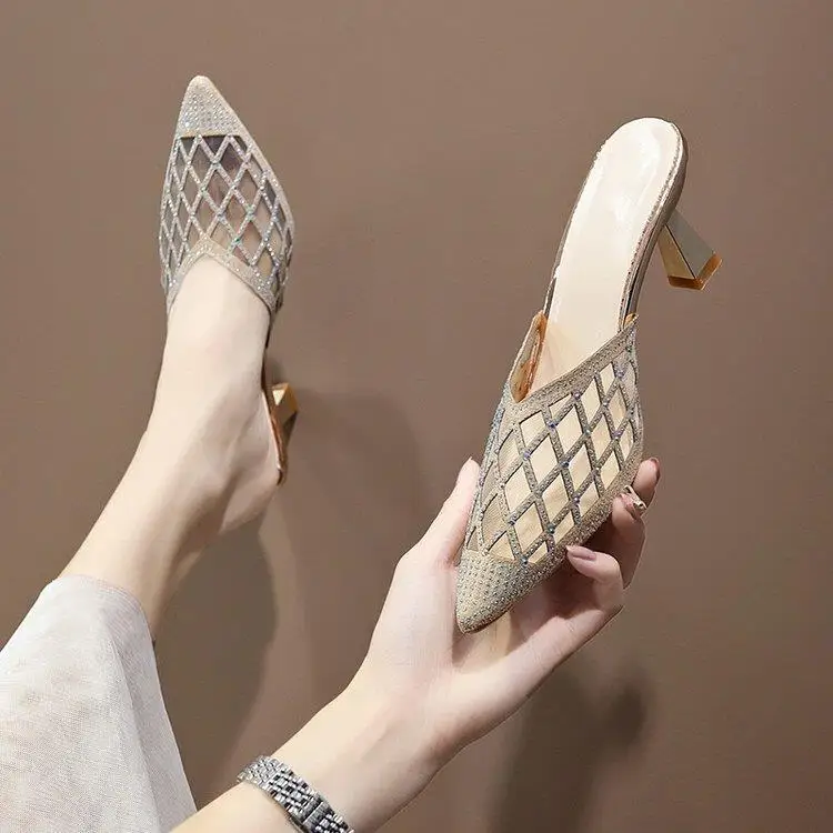 

2021 Summer New Style Baotou Half Slippers Female Fashion Rhinestone Mesh Breathable Fairy High Heel Stiletto Sandals