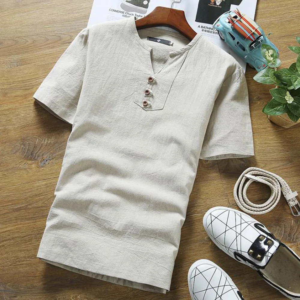 Мужская льняная летняя Однотонная футболка большого размера с коротким рукавом